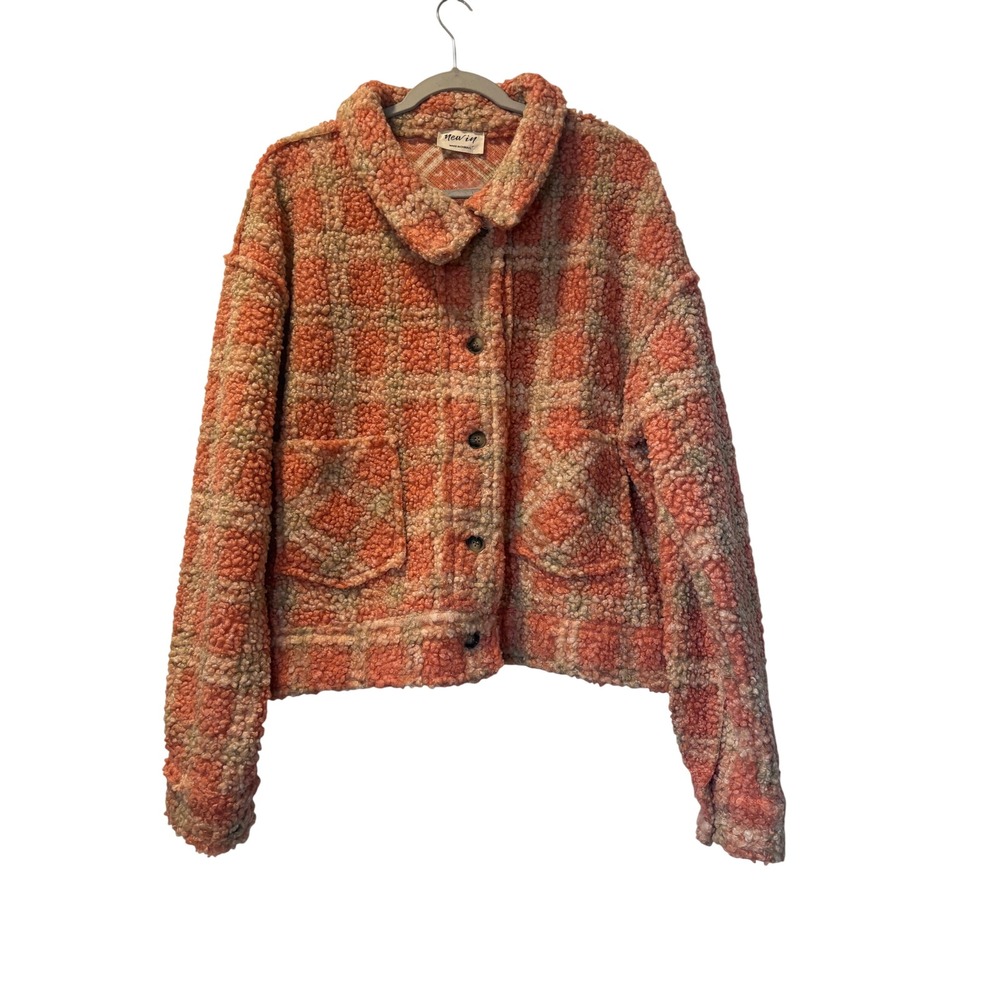 New In Orange Plaid Sherpa Fleece Button Front Jacket Size Large